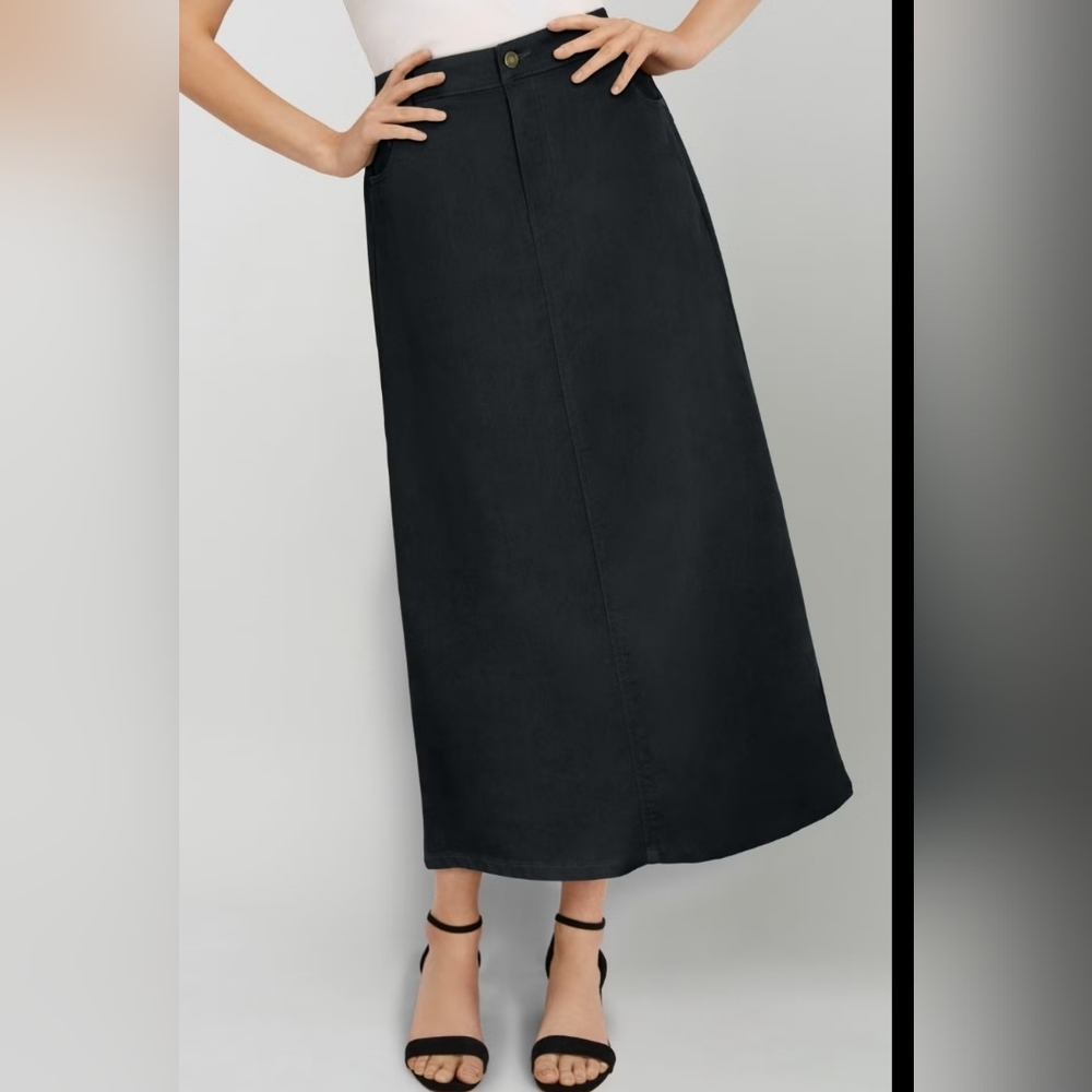 Jessica London Sz 18W Black Straight Midi Skirt Stretch Denim